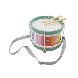 Pasztell színű, csíkos mintájú, nyakba akasztható játék dob