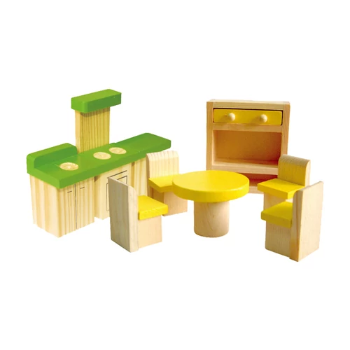 Fa babaház bútor sárga és zöld konyha