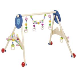 Goki Baby-Gym virágos csörgős babatornázó fából