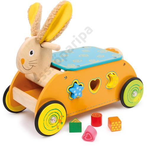 Gumigyűrűs kerekű nyuszi motor fából formabedobó játékkal