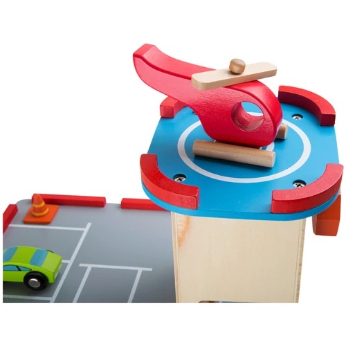 Small foot fa emeletes garázs piros helikopterrel