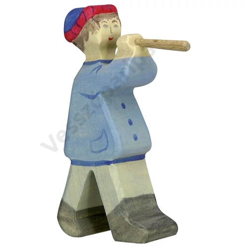 Holztiger fa figura kék ruhás pásztor furulyával