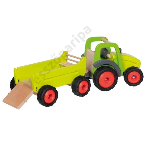 Rámpás pótkocsis zöld fa játék traktor