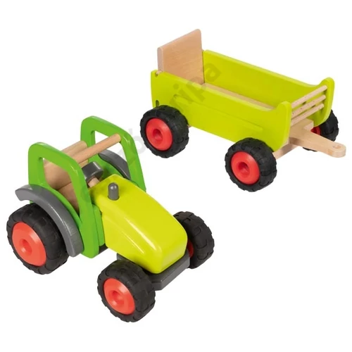 Bükkfa traktor és zöld fa pótkocsi