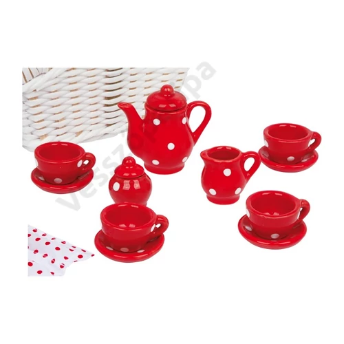Piros porcelán teáskészlet fehér fonott kosárban