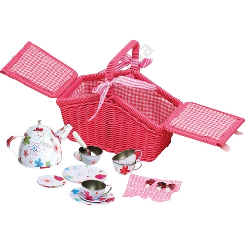 Fém virágos teás készlet - pink piknik kosárban