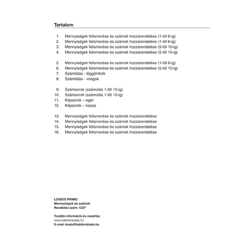 Logico Mennyiségek és számok tartalom
