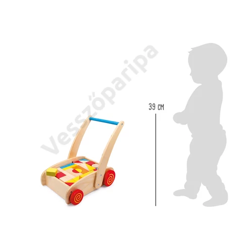 Fa járássegítő kiskocsi színes építőkockákkal méret