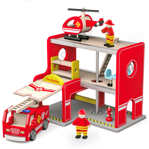 Fa játék emeletes tűzoltó állomás tűzoltóautóval