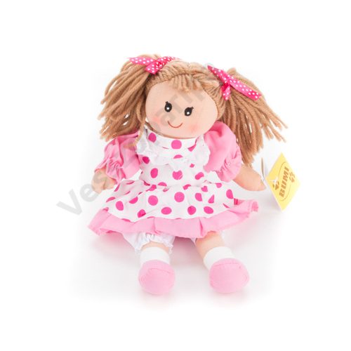 Rongybaba - lány, barna haj, rózsaszín pöttyös kis ruha