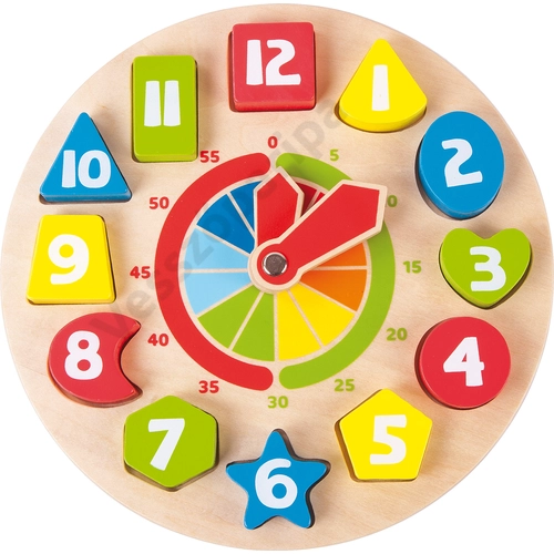 Fa tanuló óra színes, számozott geometriai formaberakóval
