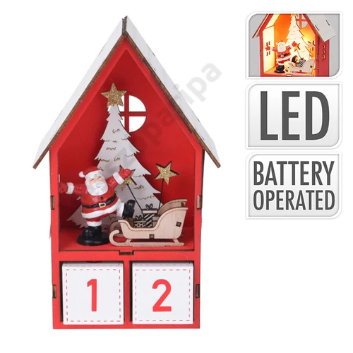 Adventi naptár fából - Házikó LED világítással piros