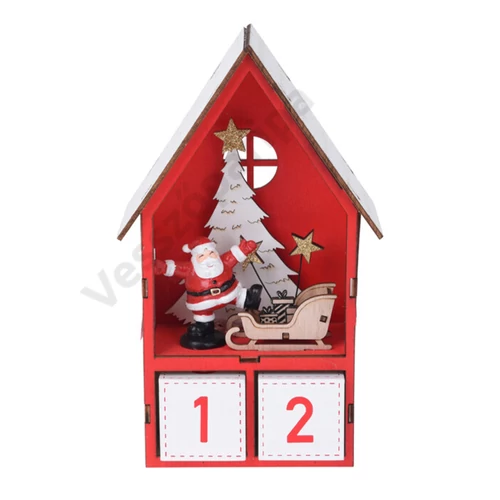 Fa adventi naptár - piros házikó, led világítással