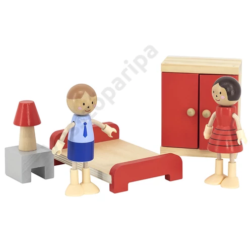 Viga Toys fa babaház piros hálószoba bútora fababákkal