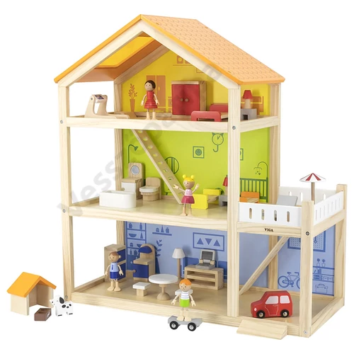 Viga Toys fa babaház fababákkal és garázzsal
