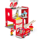 Kép 2/4 - Fa játék emeletes tűzoltó állomás tűzoltóautóval